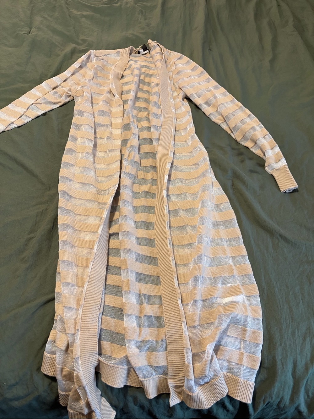 INC International Concepts Beige and Light Gray Striped Long Open-Front Cardigan